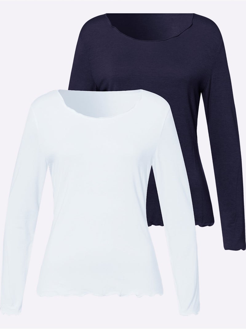 T-shirt Manches Longues Viscose Douce - Taille Standard - helline Ecru/Marine - Kiabi