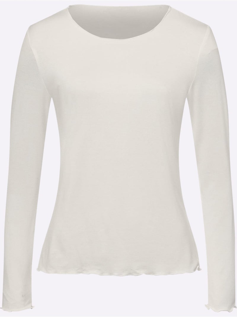 T-shirt Manches Longues Viscose Douce - Taille Standard - helline Ecru/Marine - Kiabi