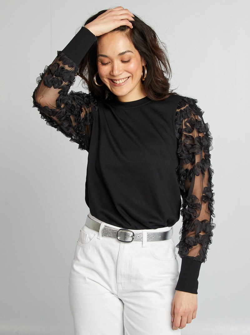 T-shirt manches transparentes avec fleurs fantaisies noir - Kiabi