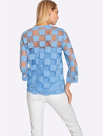 T shirt manches trois quarts et motif carreaux dévoré encolure V - Taille standard - Helline