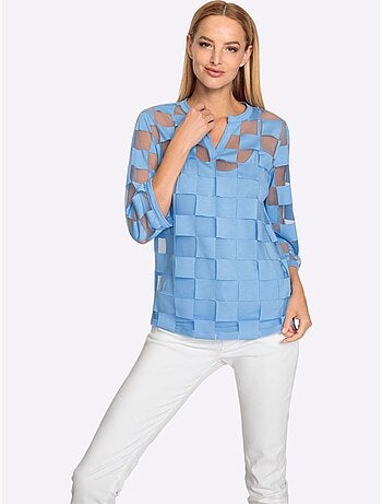 T shirt manches trois quarts et motif carreaux dévoré encolure V - Taille standard - Helline