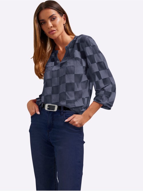 T shirt manches trois quarts et motif carreaux dévoré encolure V - Taille standard - Helline - Kiabi
