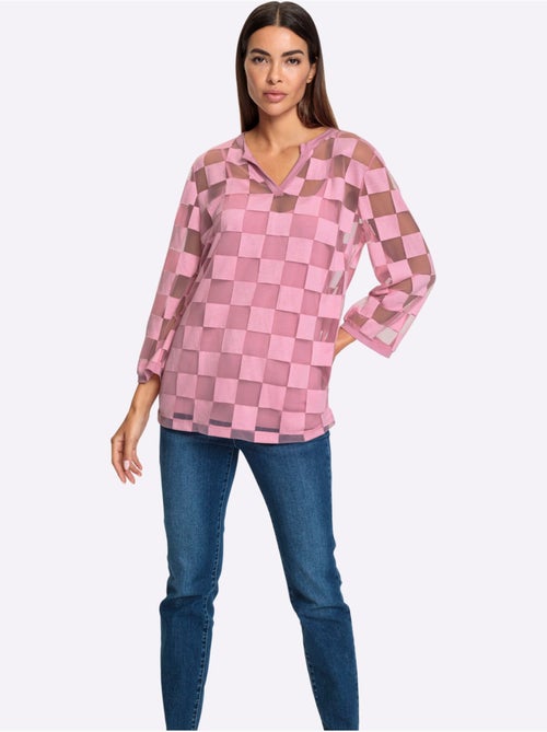 T shirt manches trois quarts et motif carreaux dévoré encolure V - Taille standard - Helline - Kiabi T shirt manches trois quarts et motif carreaux dévoré encolure V - Taille standard - Helline - Kiabi