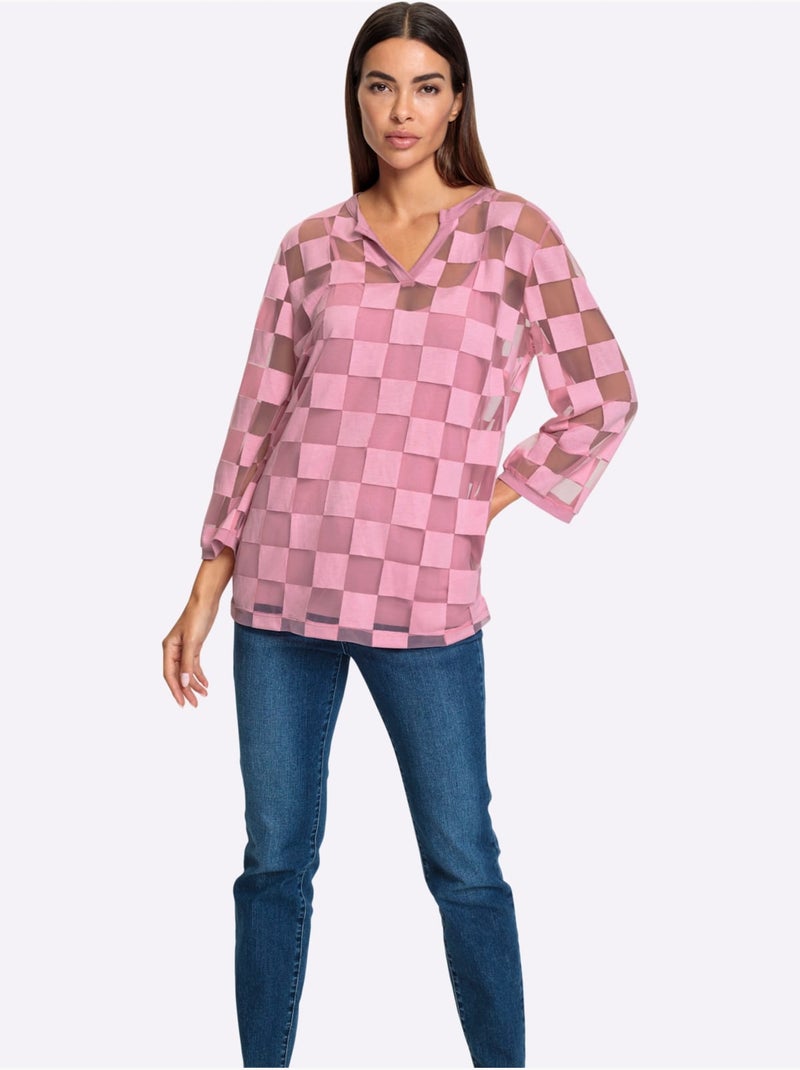 T shirt manches trois quarts et motif carreaux dévoré encolure V - Taille standard - Helline Rose - Kiabi