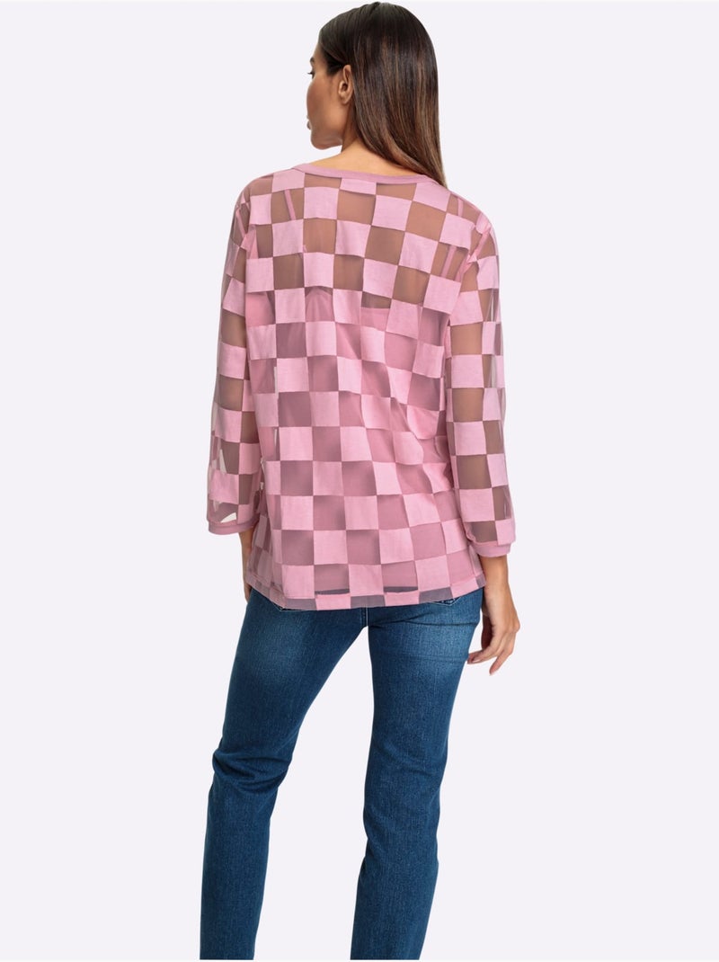 T shirt manches trois quarts et motif carreaux dévoré encolure V - Taille standard - Helline Rose - Kiabi