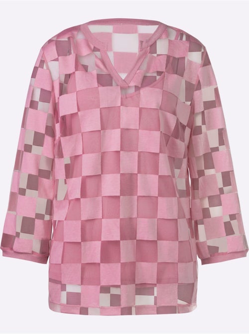 T shirt manches trois quarts et motif carreaux dévoré encolure V - Taille standard - Helline - Kiabi T shirt manches trois quarts et motif carreaux dévoré encolure V - Taille standard - Helline - Kiabi