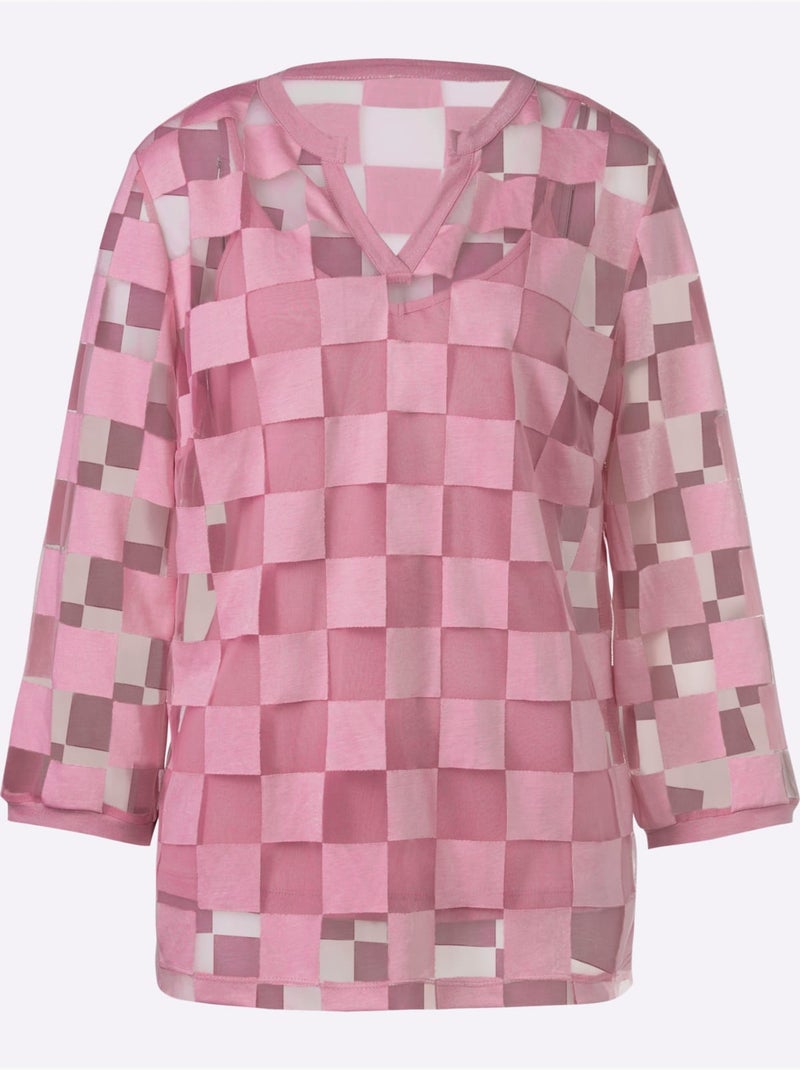 T shirt manches trois quarts et motif carreaux dévoré encolure V - Taille standard - Helline Rose - Kiabi
