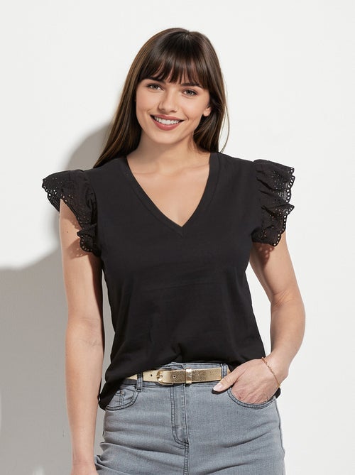 T-shirt manches volantées avec encolure V - Kiabi