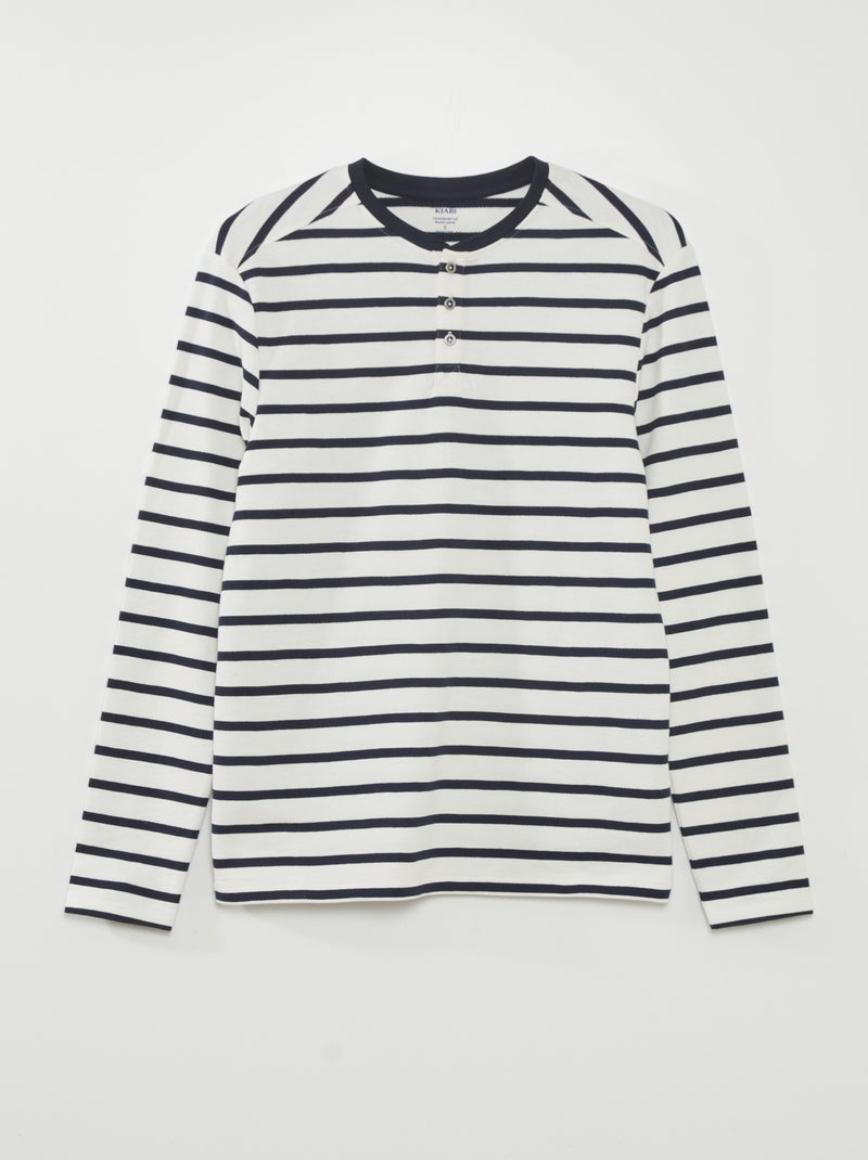 T-shirt marinière à col boutonné Blanc/bleu marine - Kiabi