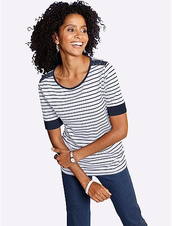 T-shirt marinière à manches courtes et laçage décoratif - Taille standard - Moda Vilona