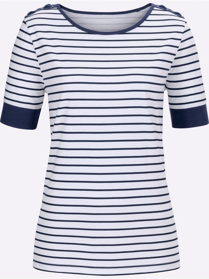 T-shirt marinière à manches courtes et laçage décoratif - Taille standard - Moda Vilona Blanc - Kiabi