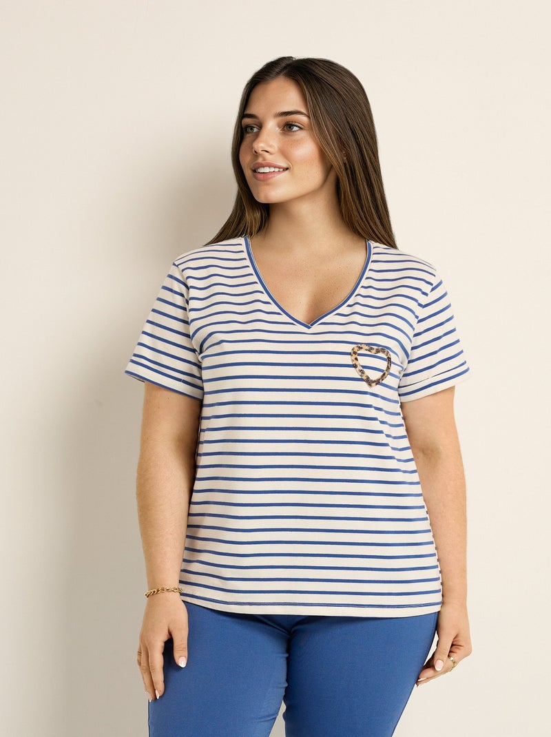 T-shirt marinière col V détail c¿ur Blanc Bleu - Kiabi