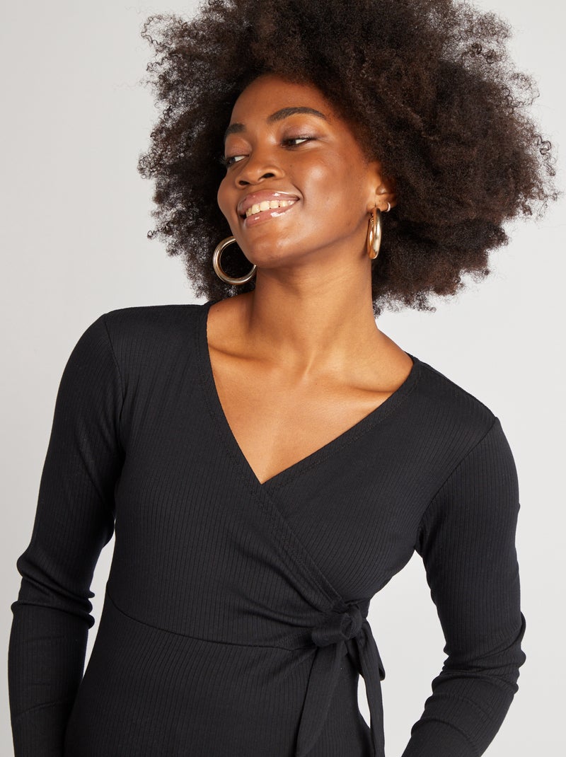 T-shirt matière stretch col croisé cache-cœur noir - Kiabi