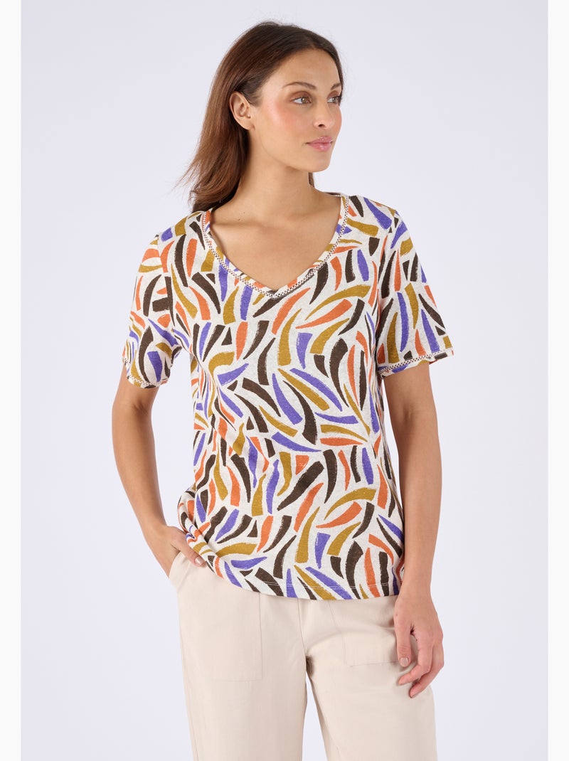 T-shirt mélange lin, détail jours échelle - Damart Blanc - Kiabi