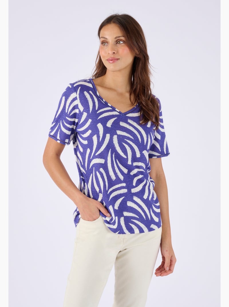 T-shirt mélange lin, détail jours échelle - Damart Bleu - Kiabi