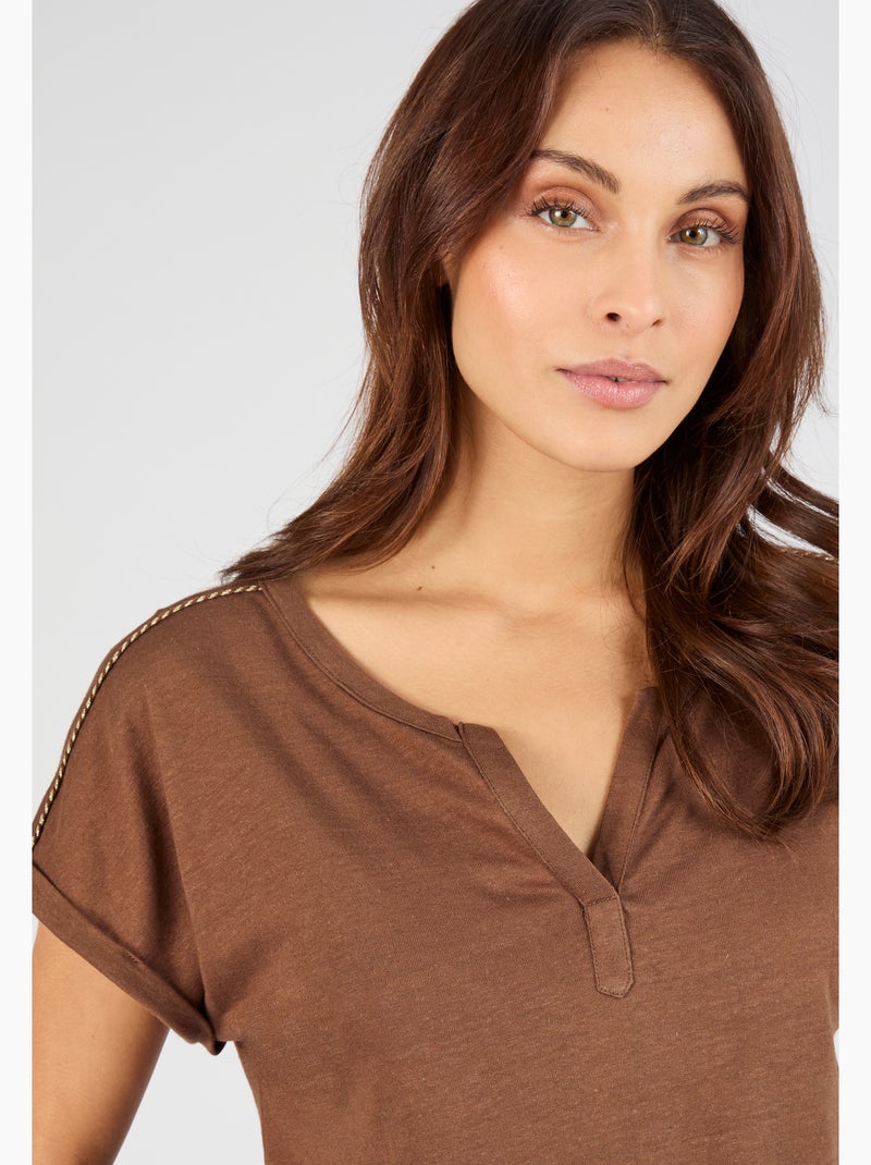 T-shirt mélange lin, détails tressés - Damart Marron - Kiabi