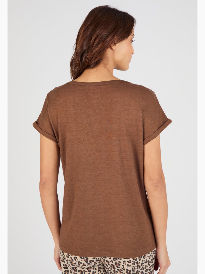 T-shirt mélange lin, détails tressés - Damart Marron - Kiabi