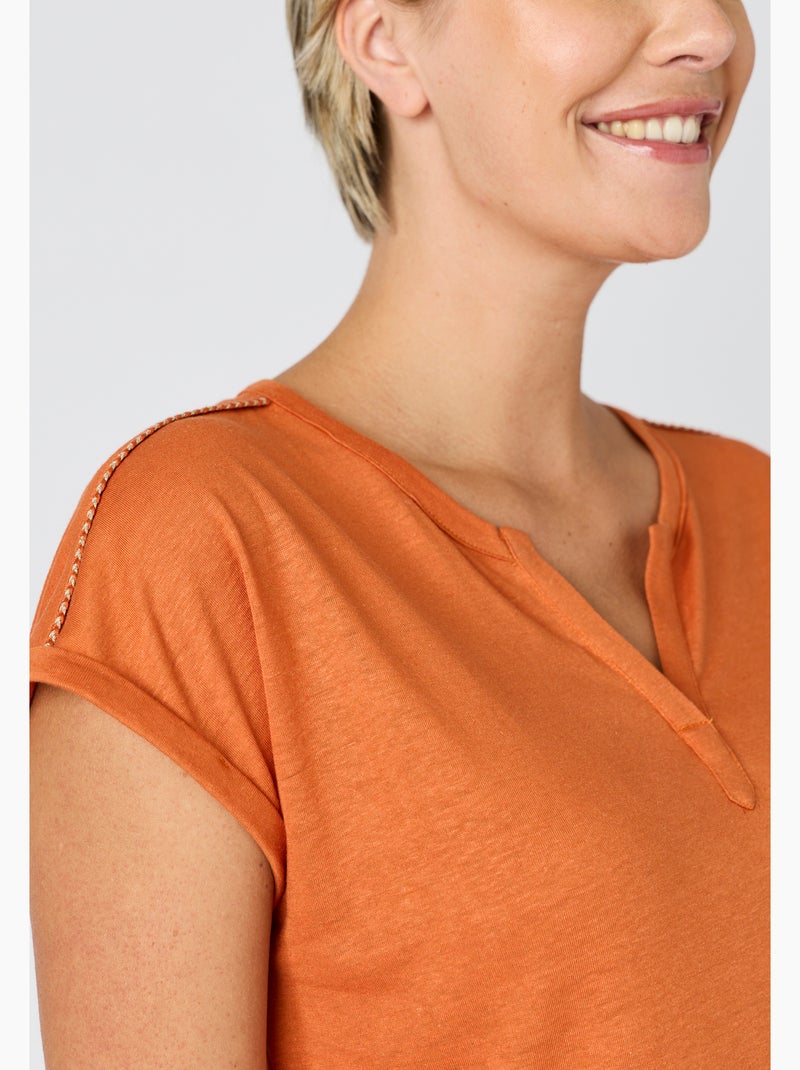 T-shirt mélange lin, détails tressés - Damart Orange - Kiabi