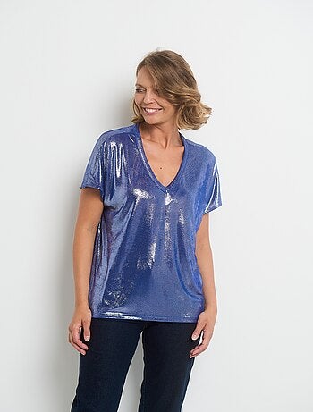 T-shirt métallisé col V manches tombantes