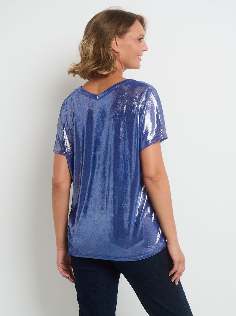 T-shirt métallisé col V manches tombantes Bleu - Kiabi