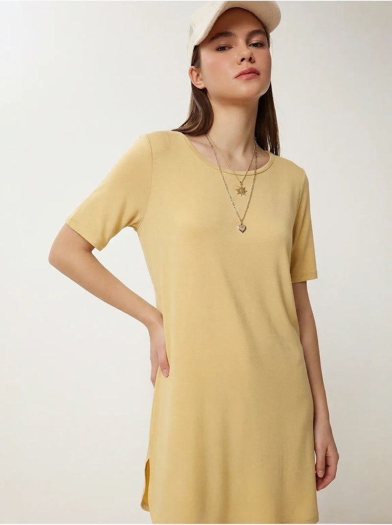 T-shirt mi-long à col rond et fente, style istanbul Beige argile - Kiabi
