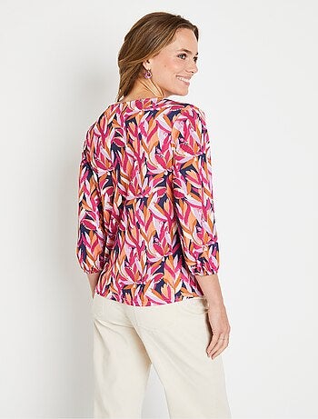 T-shirt mi long ample imprimé feuillage col V