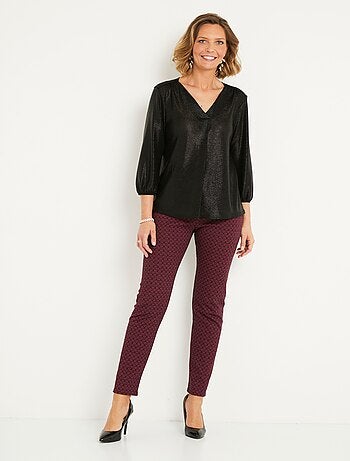 T-shirt mi long ample maille brillante col V