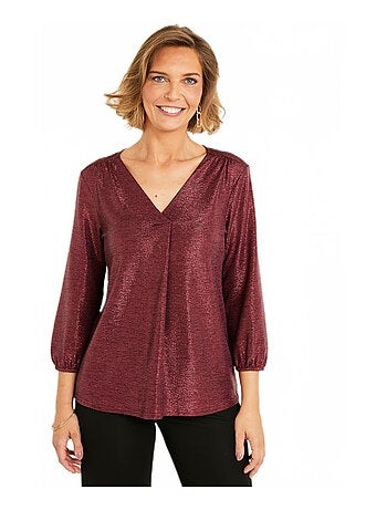 T-shirt mi long ample maille brillante col V