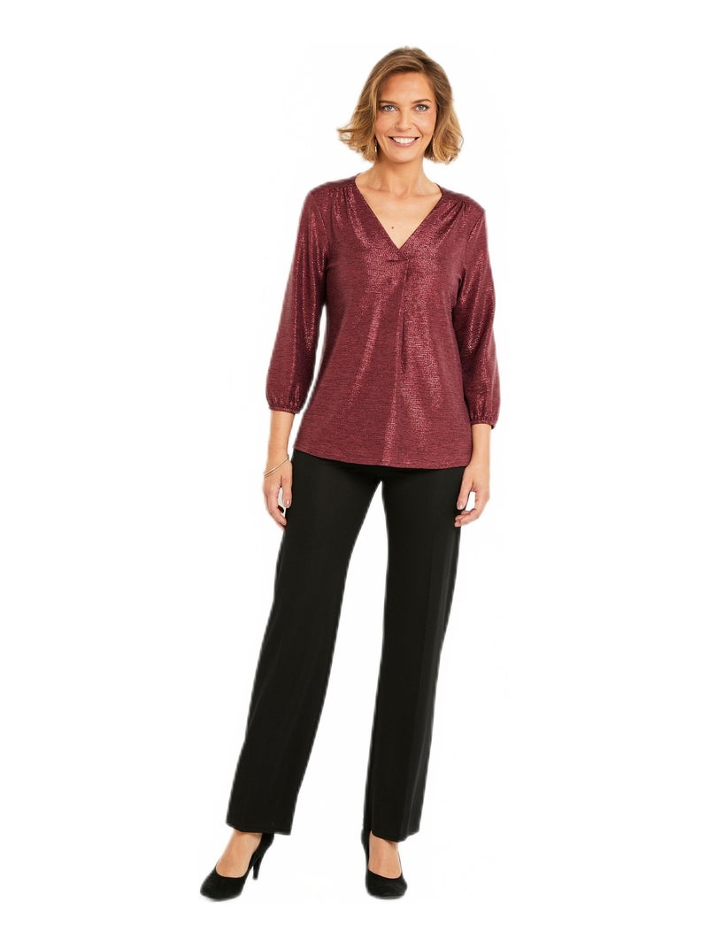 T-shirt mi long ample maille brillante col V Rose framboise - Kiabi