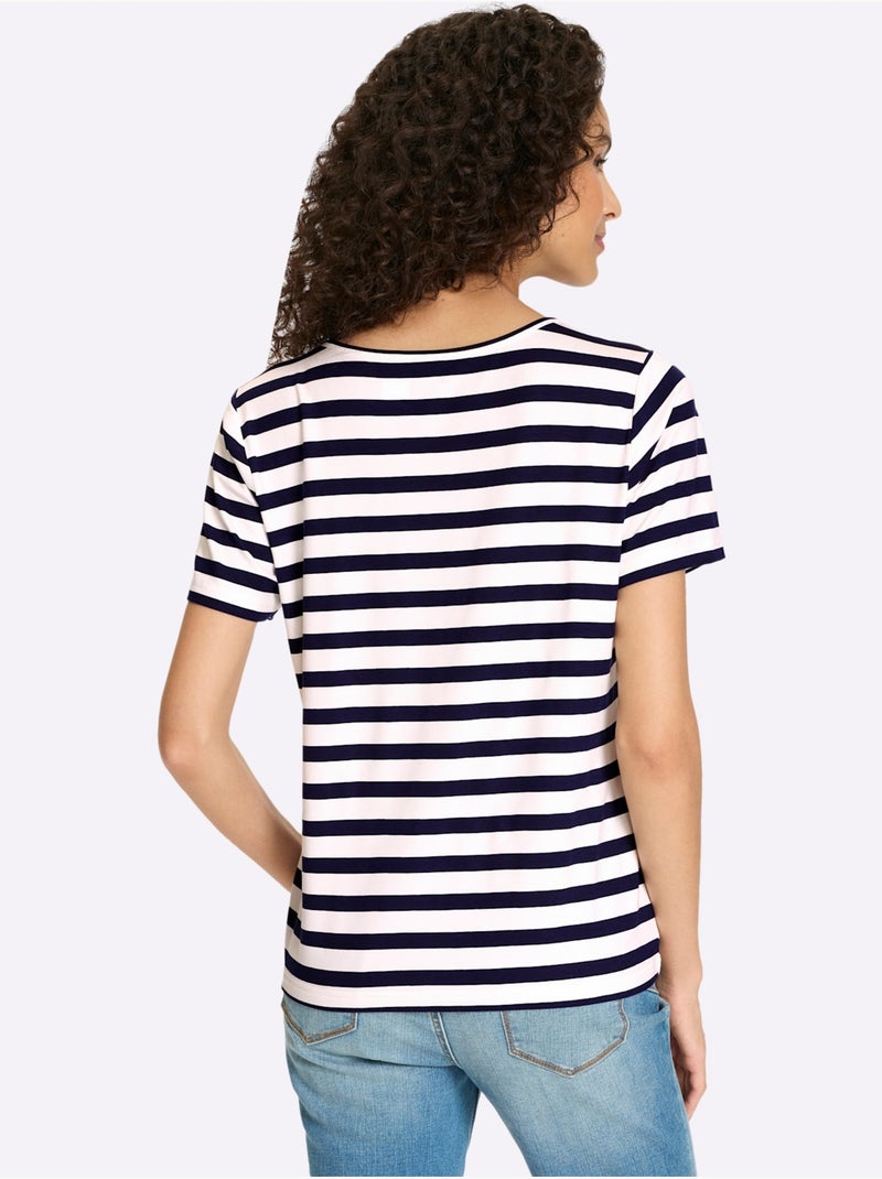 T-shirt Motif à Rayures Mode - Taille Standard - Helline Ecru/Marine - Kiabi