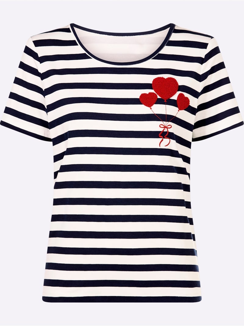 T-shirt Motif à Rayures Mode - Taille Standard - Helline Ecru/Marine - Kiabi