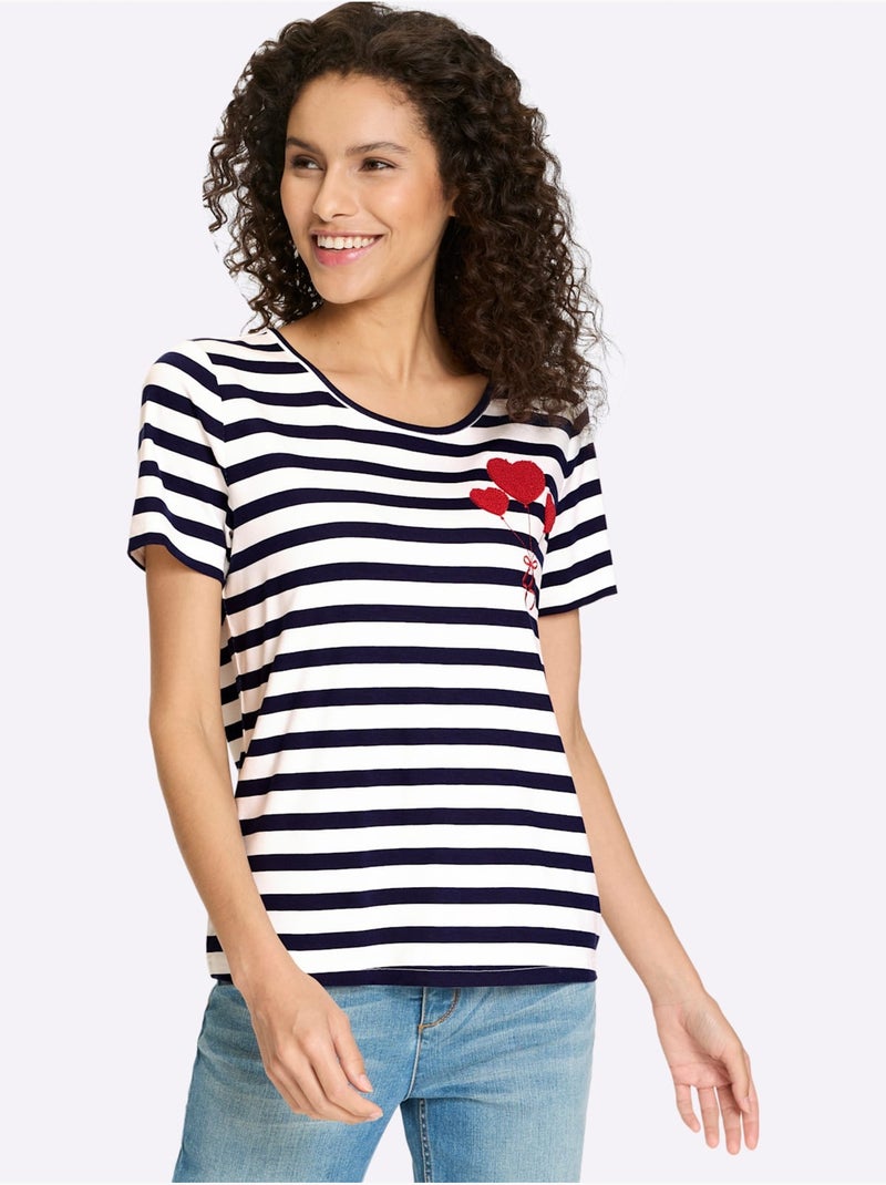 T-shirt Motif à Rayures Mode - Taille Standard - Helline Ecru/Marine - Kiabi