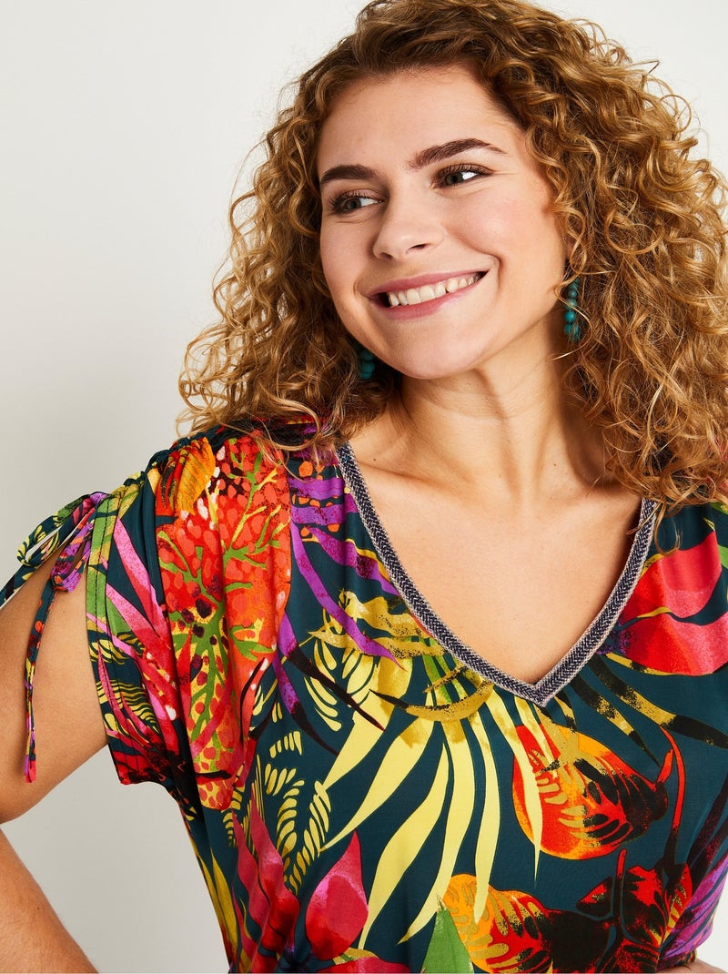 T-shirt motif exotique nouettes épaules Multicolore - Kiabi
