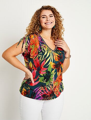 T-shirt motif exotique nouettes épaules