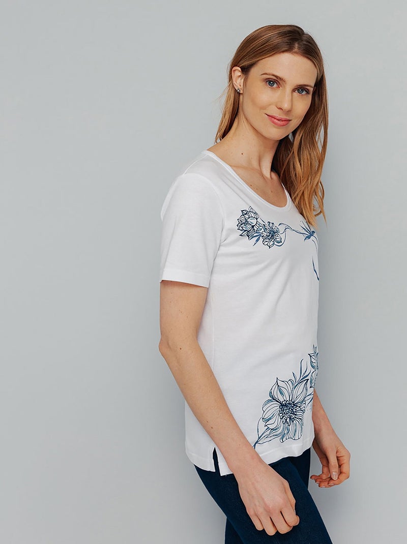 T-shirt motif fleurs encolure ronde Blanc - Kiabi