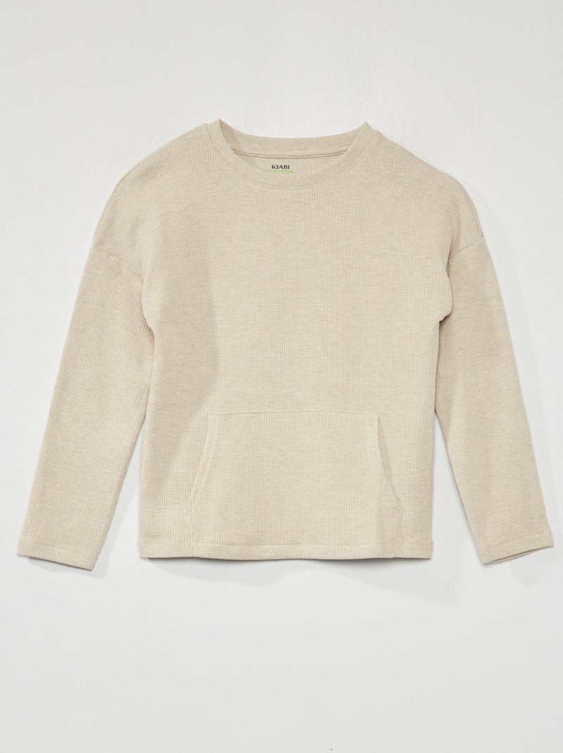 T-shirt nid d'abeille à manches longues Beige - Kiabi