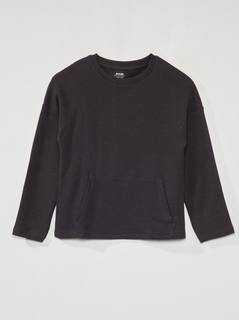 T-shirt nid d'abeille à manches longues gris foncé - Kiabi