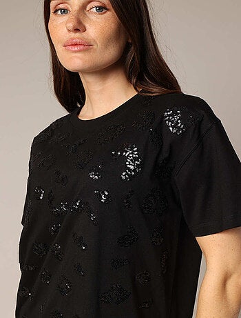 T-shirt noir à paillettes pour femme 'Deeluxe'