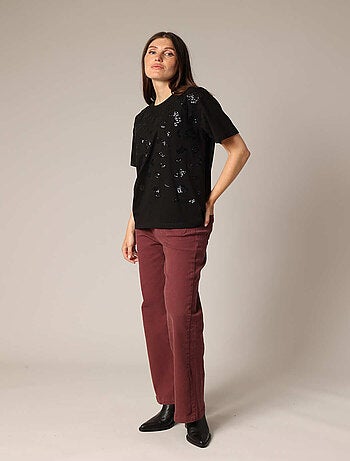 T-shirt noir à paillettes pour femme 'Deeluxe'