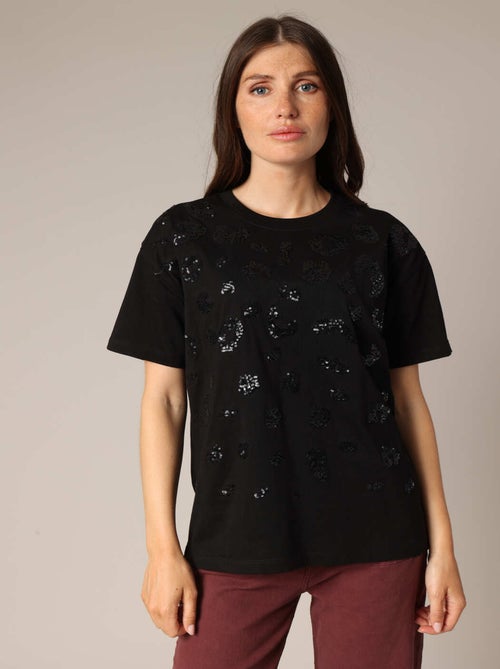 T-shirt noir femme à sequins 'Deeluxe' - Kiabi