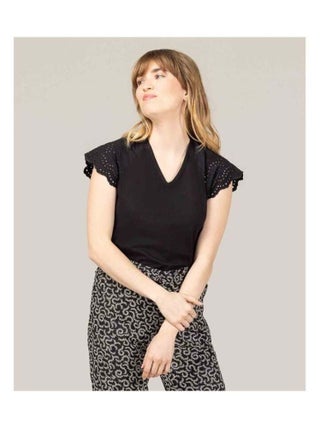 T-shirt noir Femme avec apport de broderie anglaise