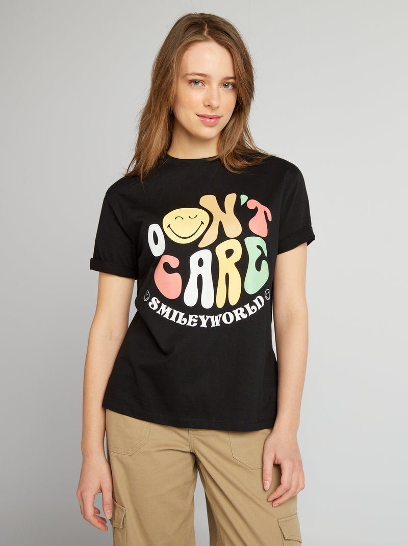 T-shirt oversize à col rond 'Smiley' noir - Kiabi