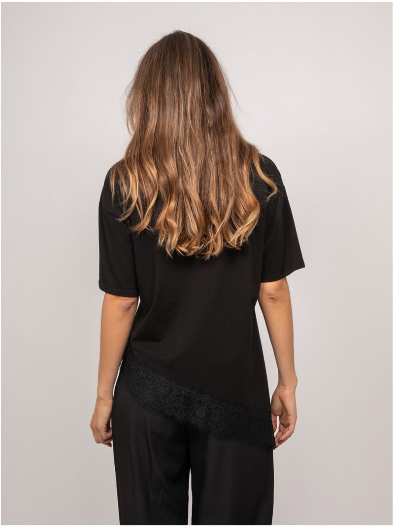T-shirt oversize asymétrique bordure dentelle forinel Noir - Kiabi