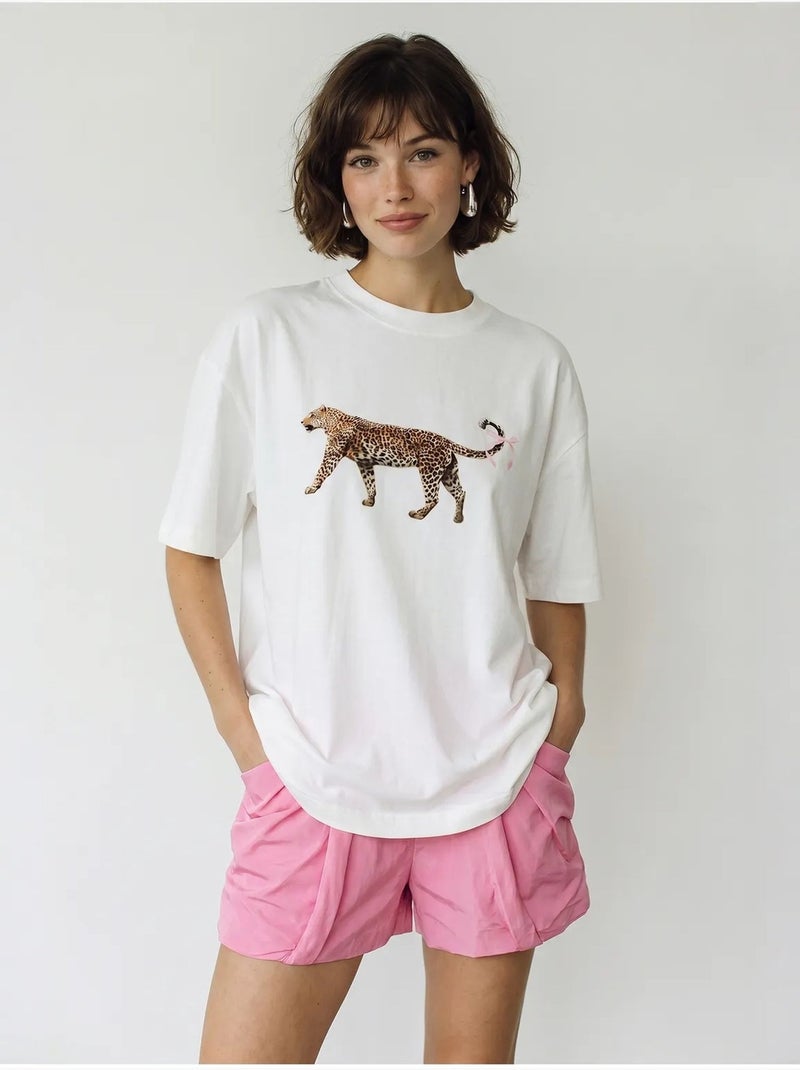 T-shirt oversize en coton à imprimé léopard lucci Blanc - Kiabi