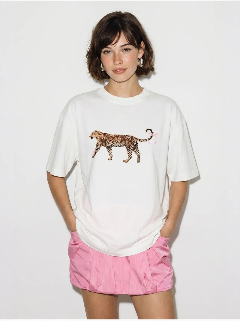 T-shirt oversize en coton à imprimé léopard lucci Blanc - Kiabi