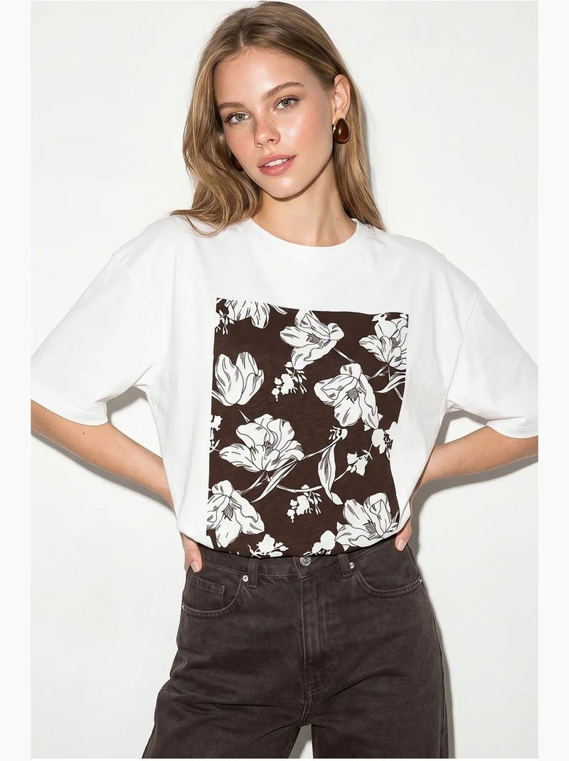 T-shirt oversize en coton à motif floral lucci Blanc Marron - Kiabi