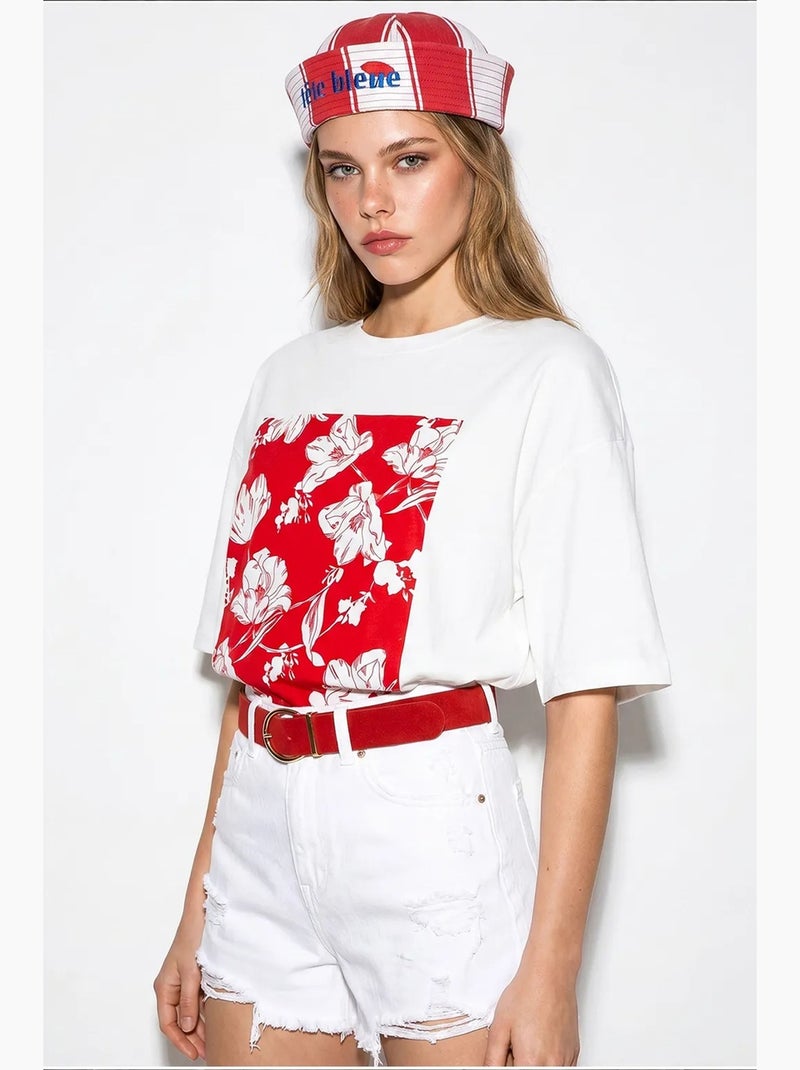 T-shirt oversize en coton à motif floral lucci Blanc Rouge - Kiabi