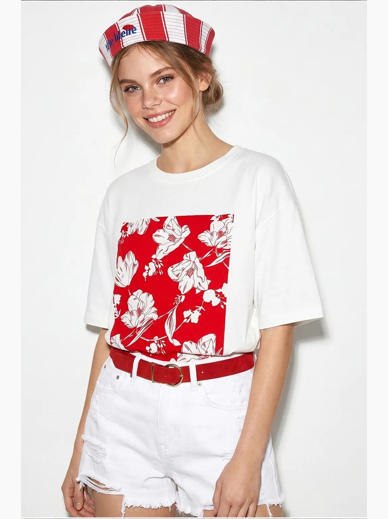 T-shirt oversize en coton à motif floral lucci Blanc Rouge - Kiabi