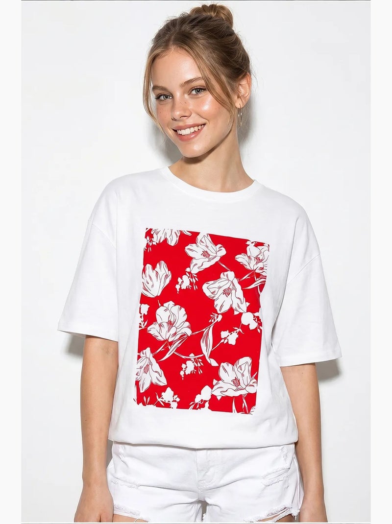 T-shirt oversize en coton à motif floral lucci Blanc Rouge - Kiabi
