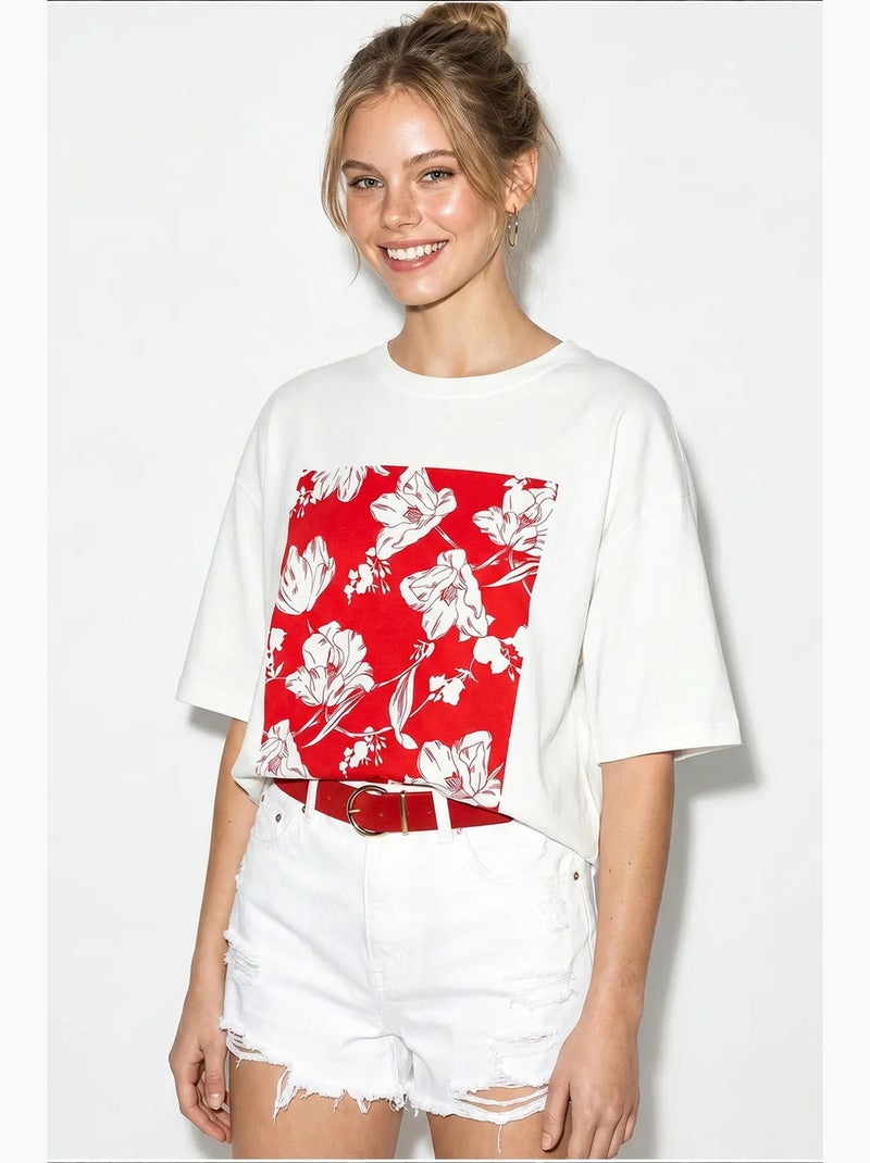 T-shirt oversize en coton à motif floral lucci Blanc Rouge - Kiabi